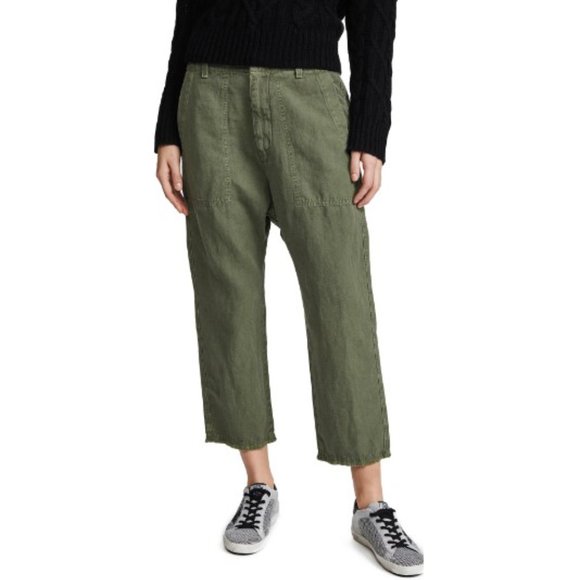 Nili Lotan Luna Pants Size 10 Green Cotton Linen Drop Crotch Baggy